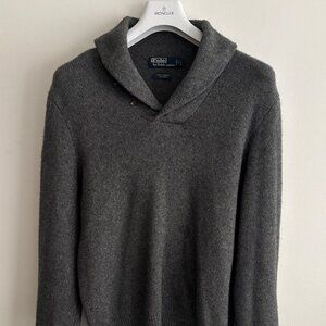 $595 Polo Ralph Lauren Grey Shawl Collar Cashmere Wool Fisherman’s Sweater-Large